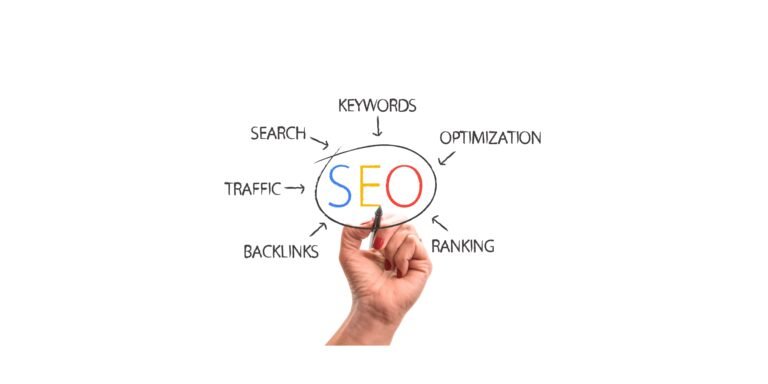 Ranka piešia diagramą apie SEO su raktažodžiais, optimizacija, srautu, reitingavimu ir atgalinėmis nuorodomis