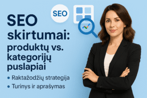 SEO skirtumai: produktų ir kategorijų puslapių optimizavimo strategijos su raktažodžių planavimu ir turinio aprašymais