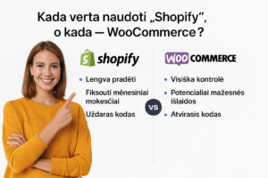 Shopify ir WooCommerce palyginimas – kada rinktis uždarą kodą su fiksuotais mokesčiais, o kada atvirą kodą su visiška kontrole ir mažesnėmis išlaidomis.
