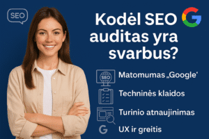 Kodėl SEO auditas svarbus – matomumas „Google“, techninių klaidų taisymas, turinio atnaujinimas, UX ir greitis.