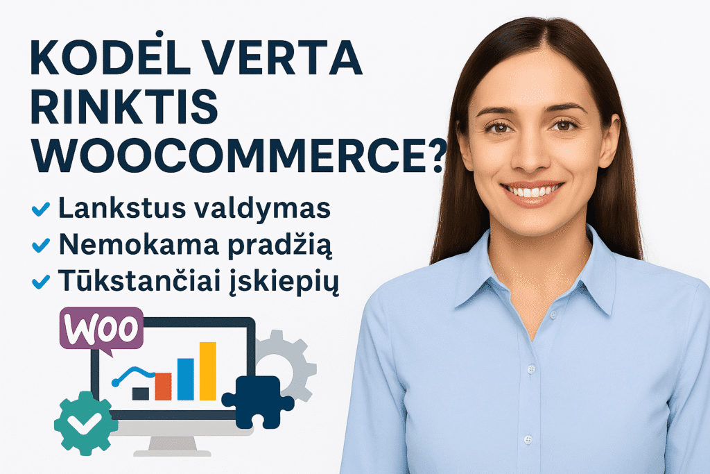 Verslininkė prie kompiuterio analizuoja WooCommerce naudą verslui