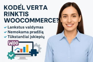 Verslininkė prie kompiuterio analizuoja WooCommerce naudą verslui