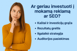 Ar geriau investuoti į mokamą reklamą ar SEO – kaštai, grąža, rezultatai ir strategija