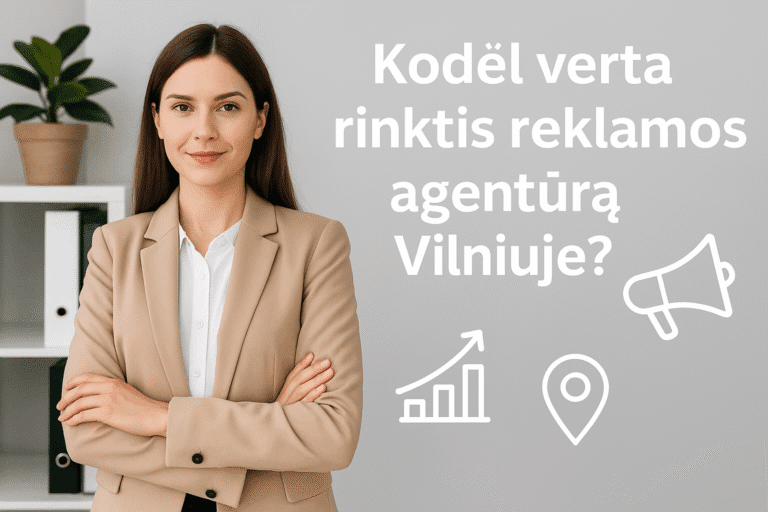 Kodėl verta rinktis reklamos agentūrą Vilniuje – verslo moteris biure su reklamos simboliais