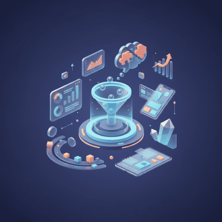 Moderni pusiau 3D iliustracija su analitikos lentelėmis, prietaisais ir rinkodaros strategijos elementais, vaizduojanti skaitmeninės rinkodaros temą.