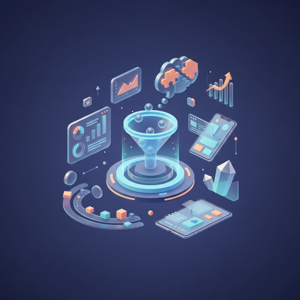 Moderni pusiau 3D iliustracija su analitikos lentelėmis, prietaisais ir rinkodaros strategijos elementais, vaizduojanti skaitmeninės rinkodaros temą.