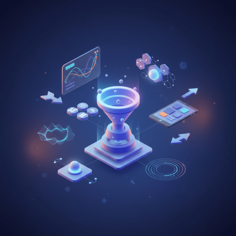 Moderni pusiau 3D iliustracija su skaitmeninės rinkodaros prietaisų skydeliais, grafikais ir analizės komponentais, atvaizduojanti marketingo temą.