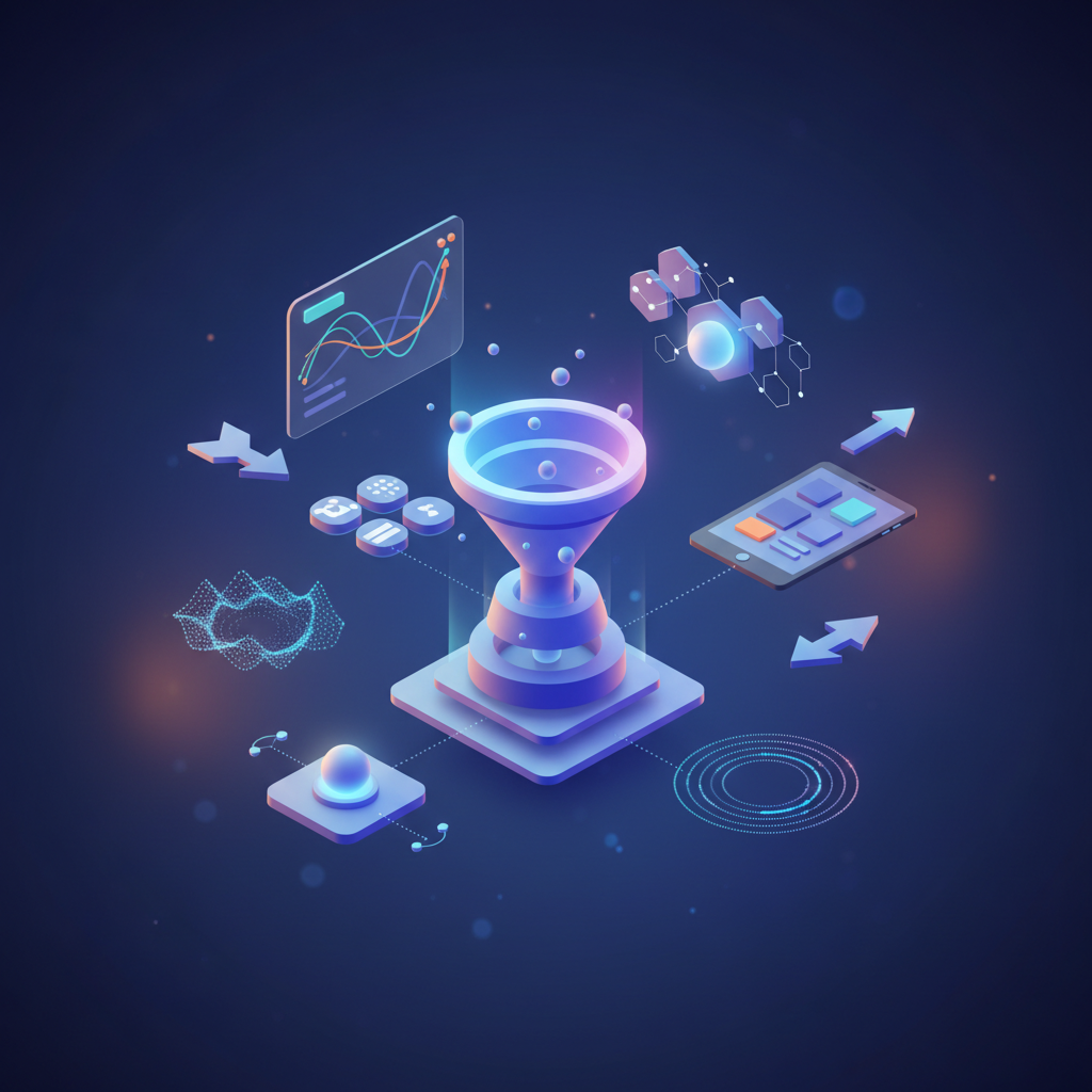 Moderni pusiau 3D iliustracija su skaitmeninės rinkodaros prietaisų skydeliais, grafikais ir analizės komponentais, atvaizduojanti marketingo temą.