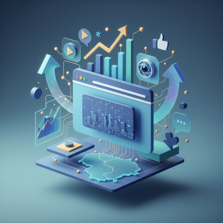 Moderni pusiau 3D iliustracija su naršyklės langu, analitikos grafikais, augimo rodyklėmis ir socialinių tinklų ikonėlėmis, perteikiančiomis rinkodaros temą