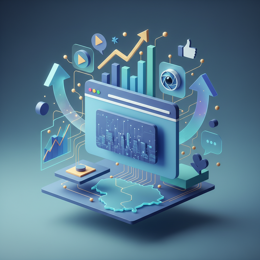 Moderni pusiau 3D iliustracija su naršyklės langu, analitikos grafikais, augimo rodyklėmis ir socialinių tinklų ikonėlėmis, perteikiančiomis rinkodaros temą