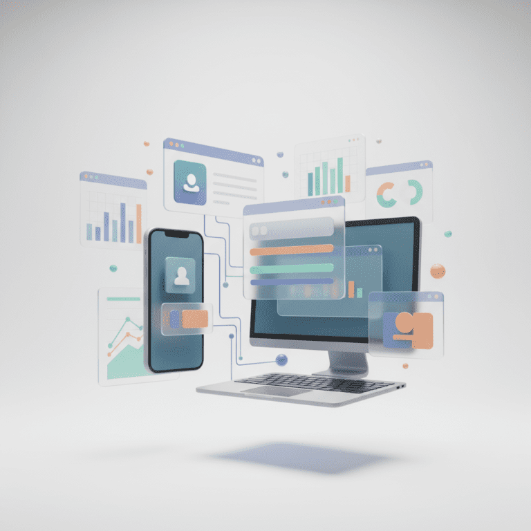 Moderni pusiau 3D iliustracija su tarpusavyje susietais skaitmeniniais įrenginiais ir plūduriuojančiais grafika, atspindinti skaitmeninę rinkodarą