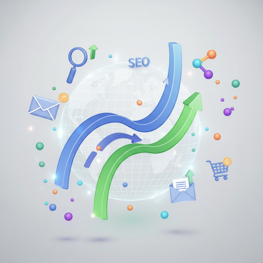 Moderni pusiau 3D skaitmeninės rinkodaros iliustracija su duomenų taškais, SEO ir socialinių tinklų ženklais, simbolizuojanti augimą