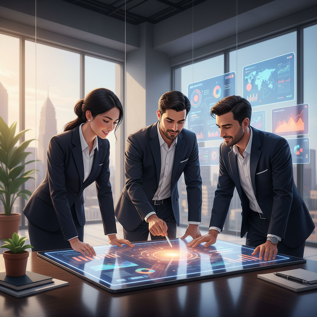 Profesionalų komanda, bendradarbiaujanti su klientais, aptarianti skaitmeninės rinkodaros strategiją, simbolizuojanti SEO paslaugų teikėjo pasirinkimą.