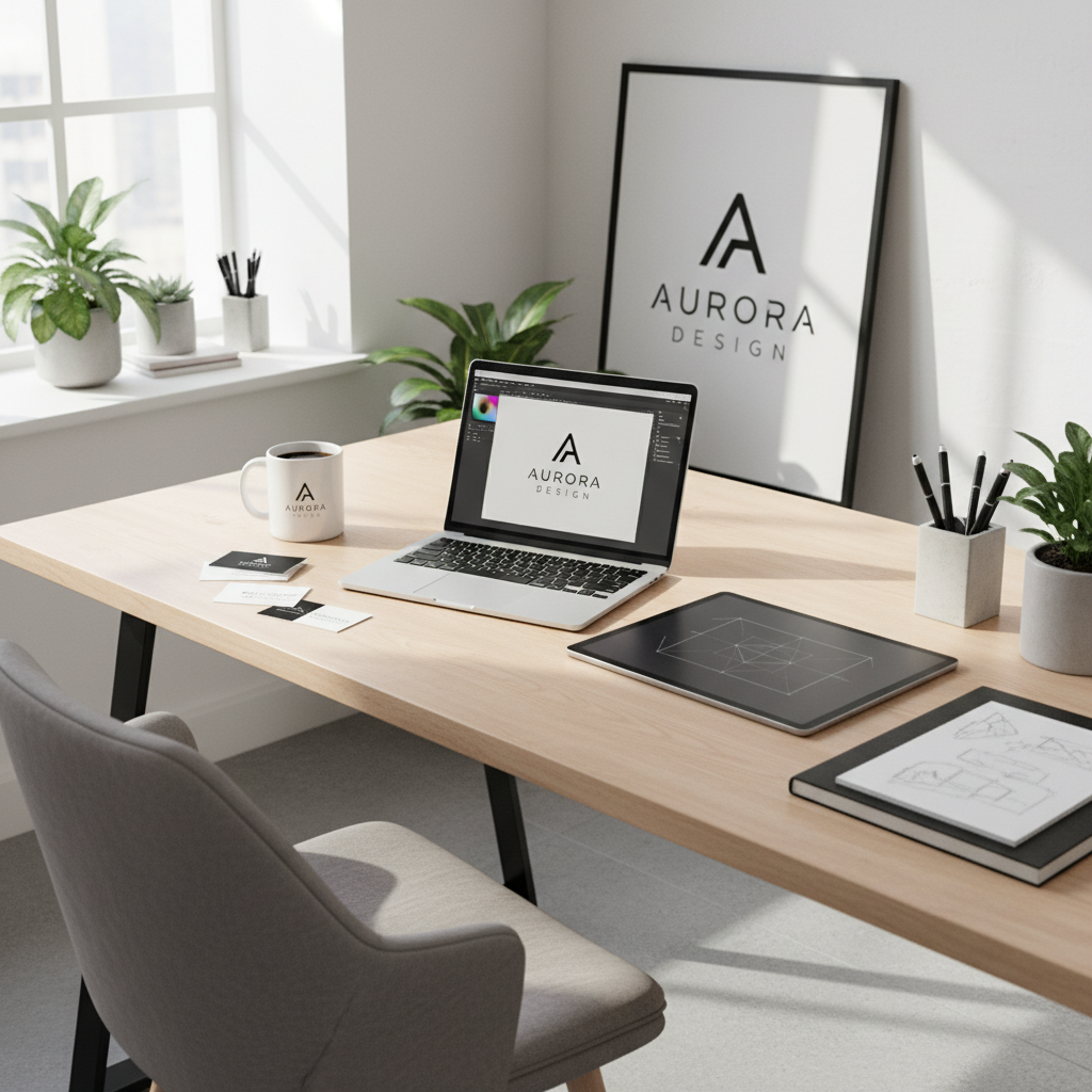 Prekės ženklo kūrimo ir dizaino pagrindinis vaizdas darbo erdvėje