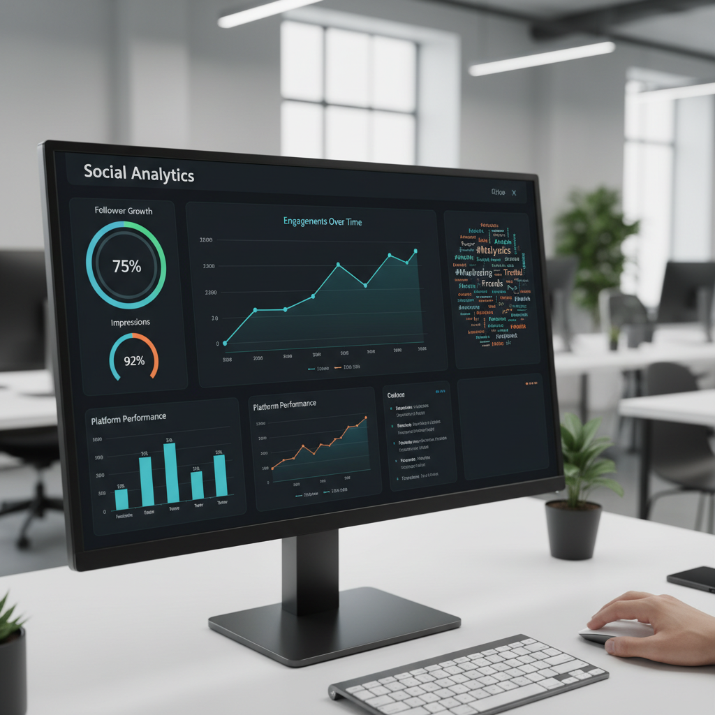 Socialinių tinklų analitika ir rezultatai kompiuterio ekrane