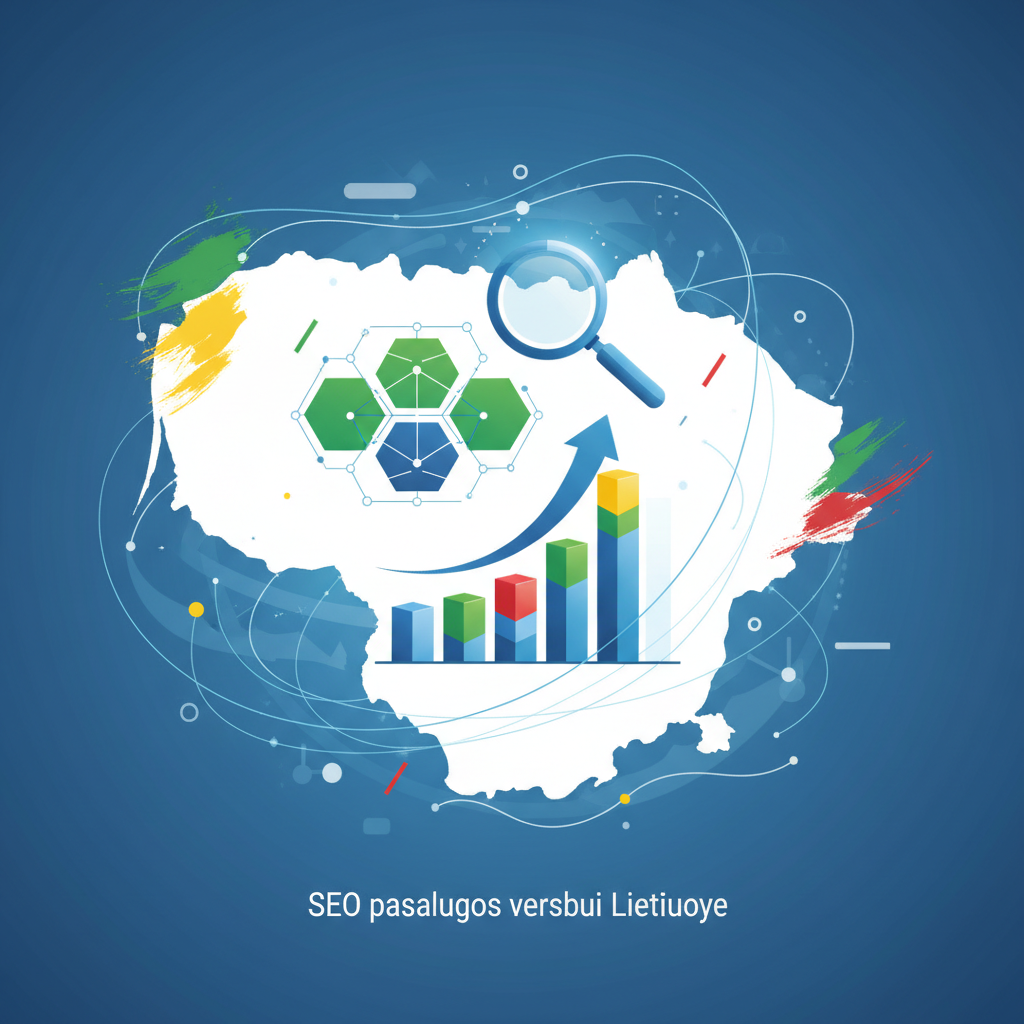 Šiuolaikinė skaitmeninė iliustracija, atspindinti SEO paslaugas verslui Lietuvoje, su grafiniais elementais, simbolizuojančiais paieškos variklių optimizavimą ir verslo augimą.