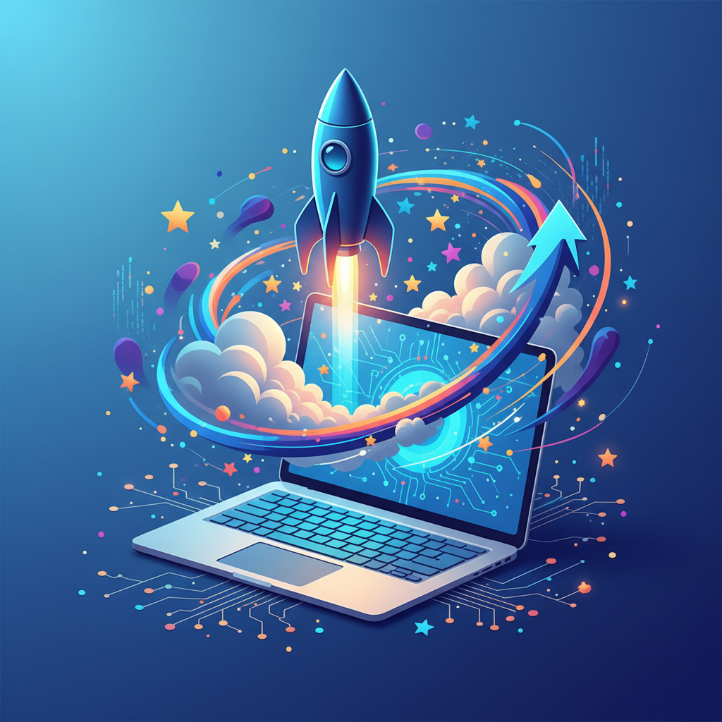 Stilizuota iliustracija, vaizduojanti raketos paleidimą iš kompiuterio ekrano, simbolizuojančią interneto svetainės paleidimą ir palaikymą.