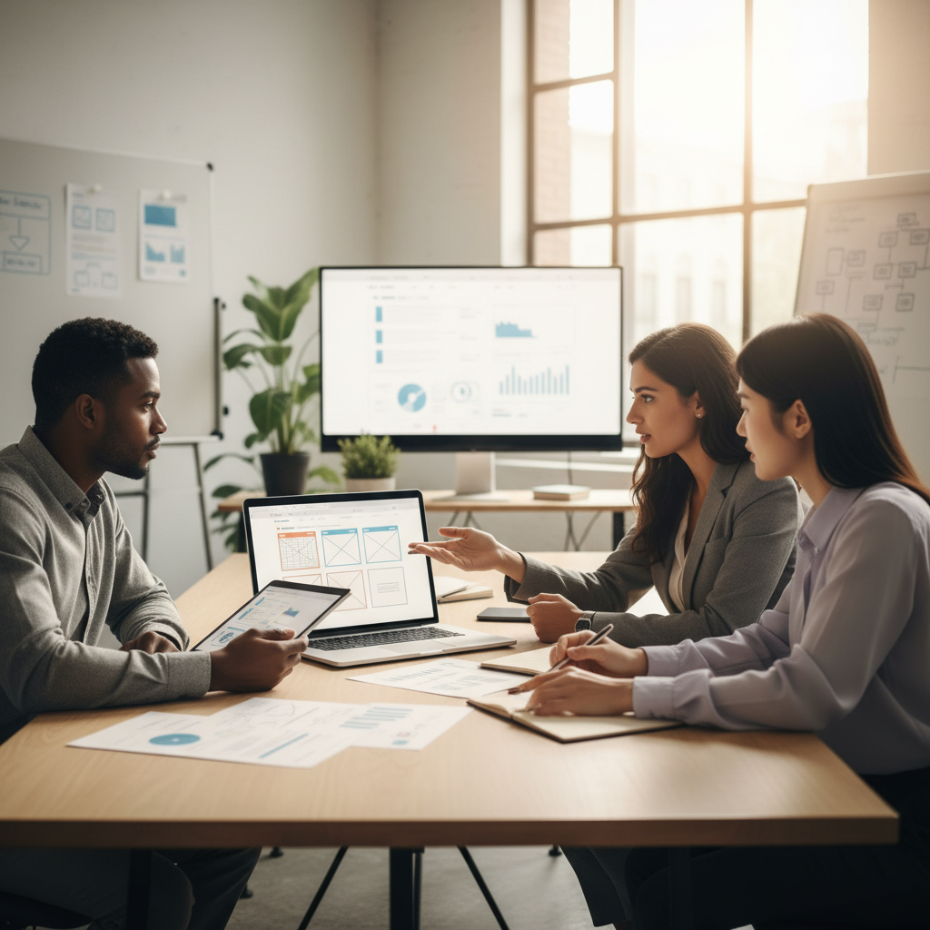 Verslo specialistai dirbantys kartu prie nešiojamojo kompiuterio, simbolizuojantys interneto svetainių kūrimo strategiją.