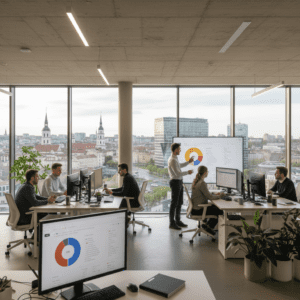 Darbuotojai Vilniaus biure dirba su Google reklama prie modernių kompiuterių.