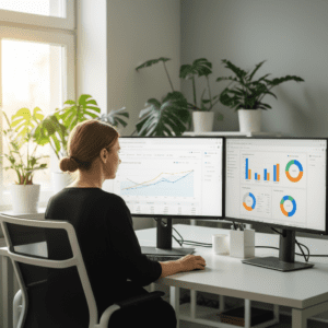 Specialistas analizuoja Google reklamos rezultatus Vilniaus agentūroje.