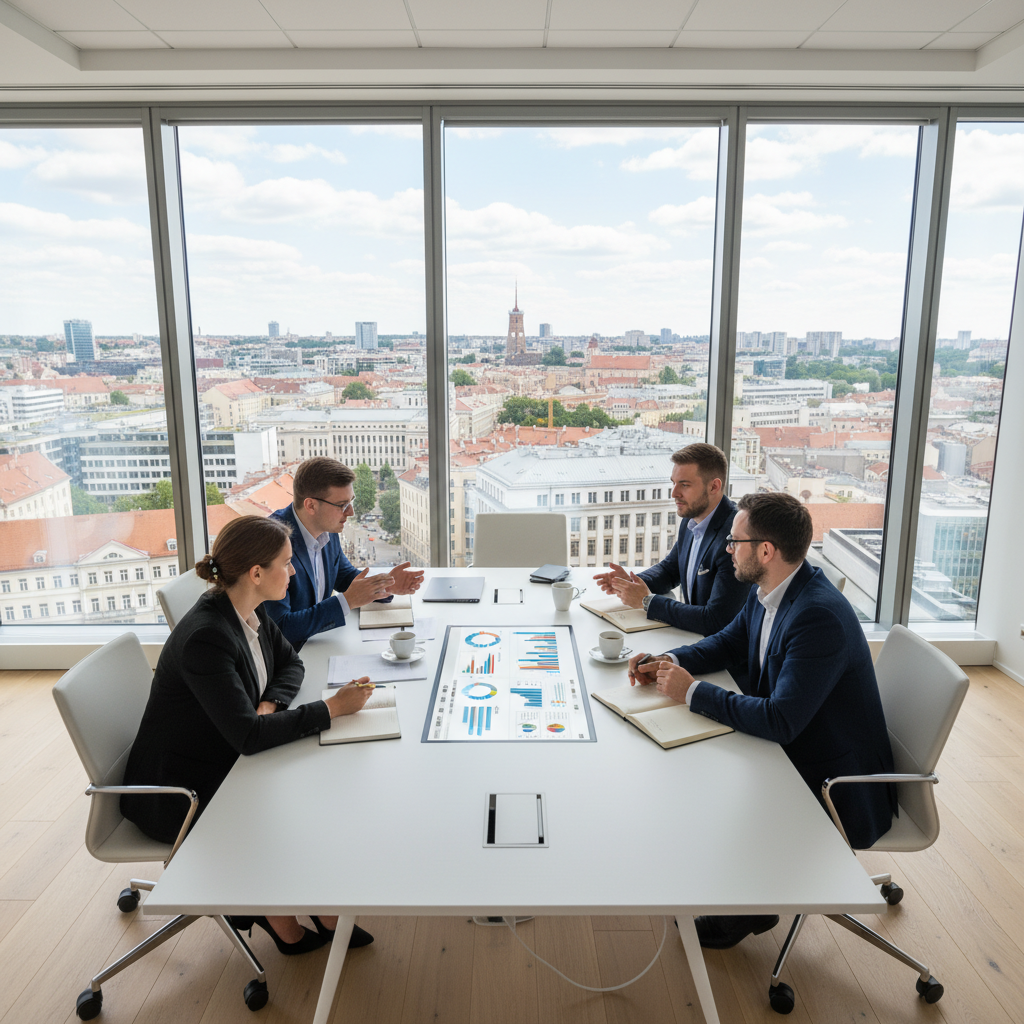 SEO specialistų komanda moderniame Vilniaus biure dirba kartu, miesto panorama matoma pro langus