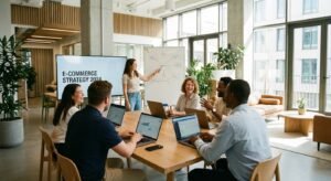 Marketingo agentūros komanda planuoja e-komercijos strategijas biure