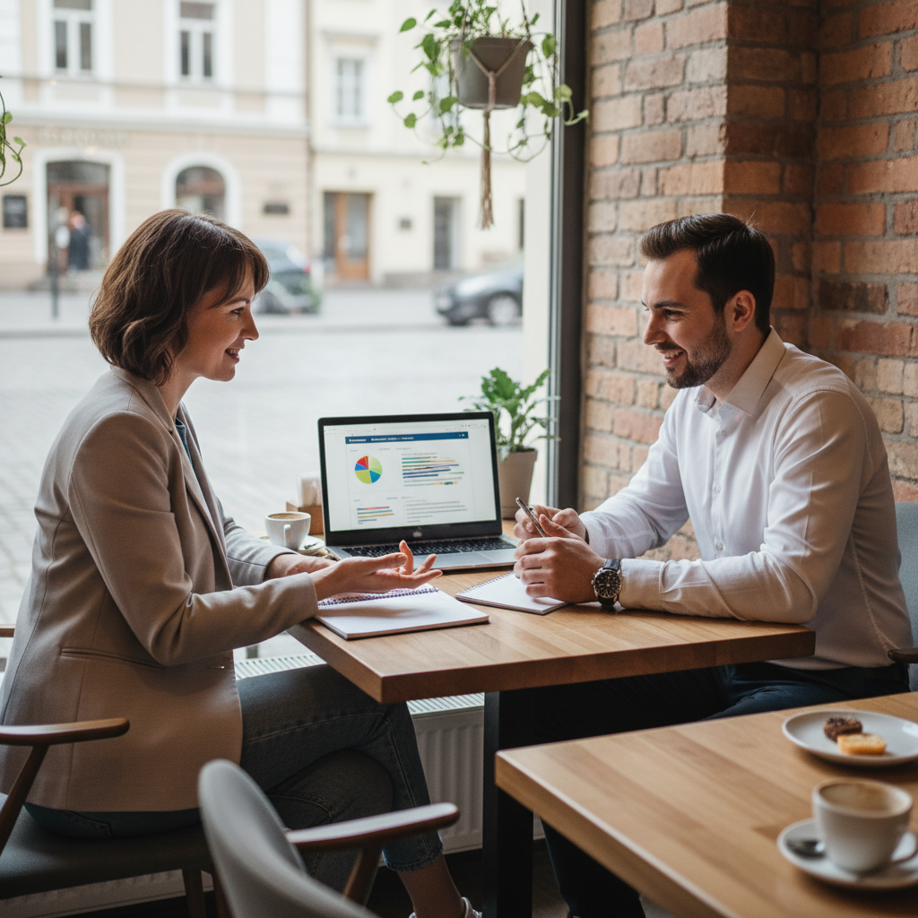 SEO konsultantas aptaria strategiją su klientu šiuolaikiškoje Vilniaus kavinėje