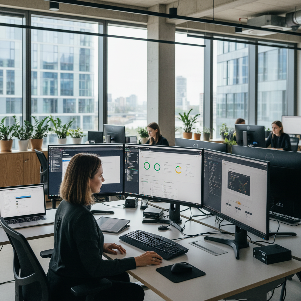 IT specialistas analizuoja techninį SEO Vilniaus biure su keliomis ekranais