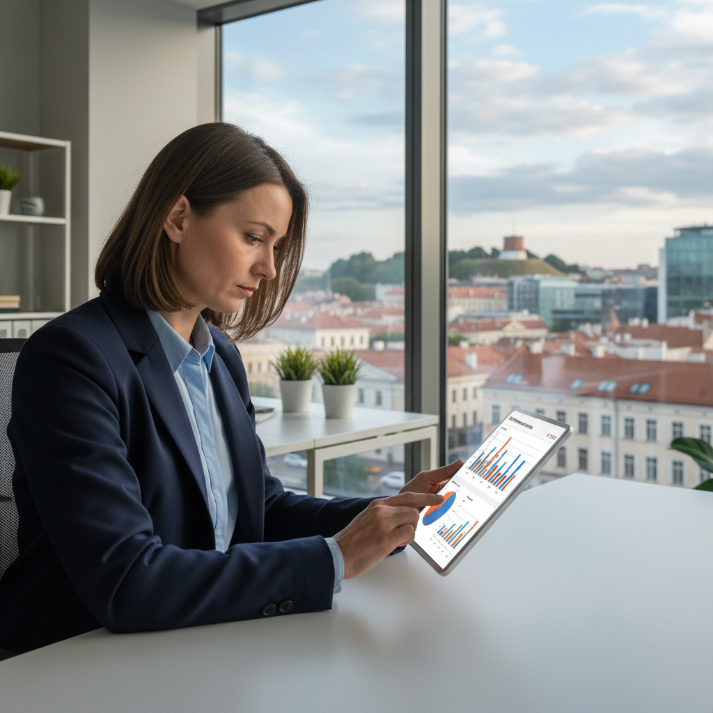 Verslininkė Vilniaus biure analizuoja SEO rezultatus planšetėje
