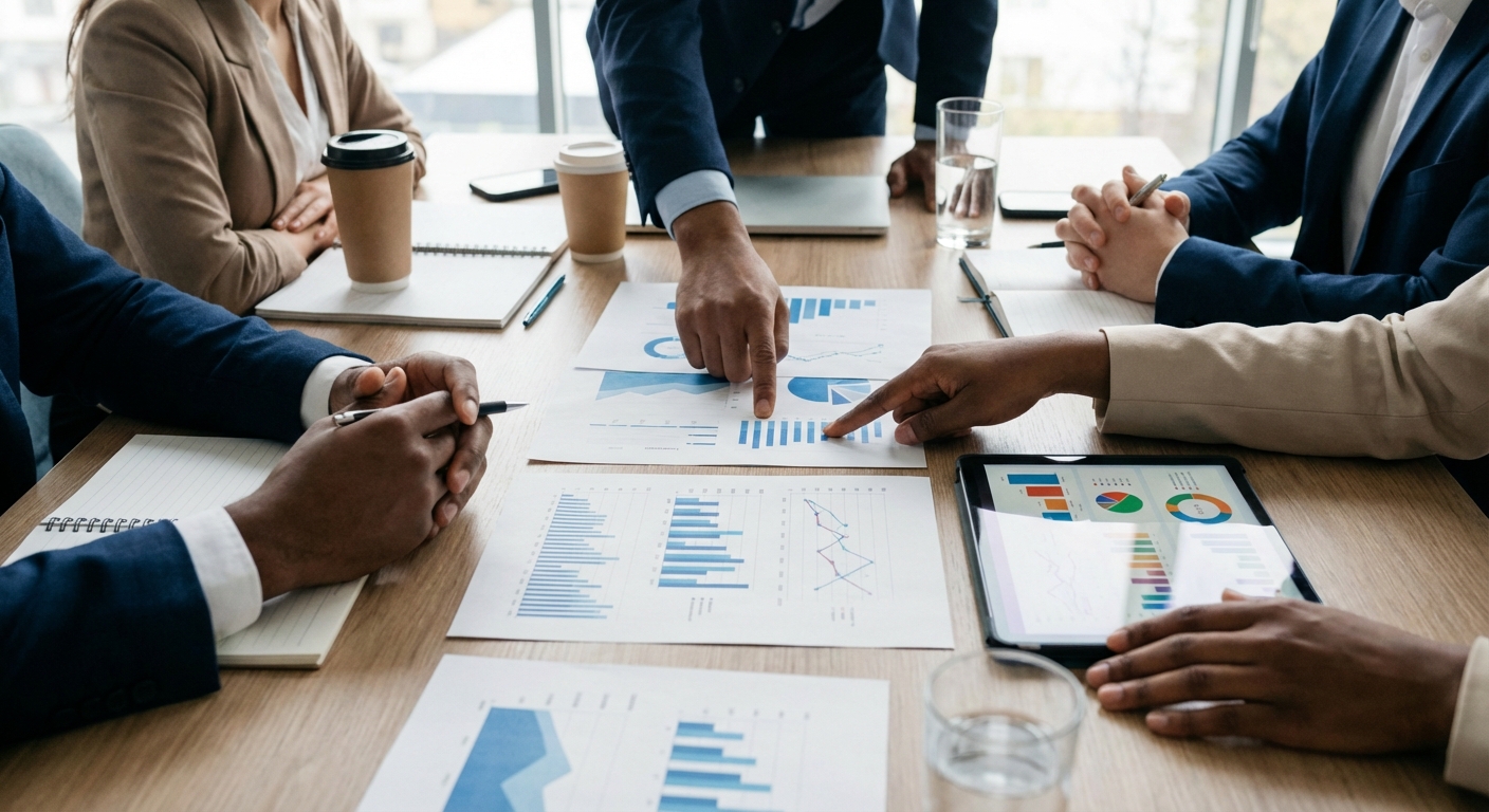 Rezultatų matavimo ir analizės dokumentai ant stalo e-komercijoje