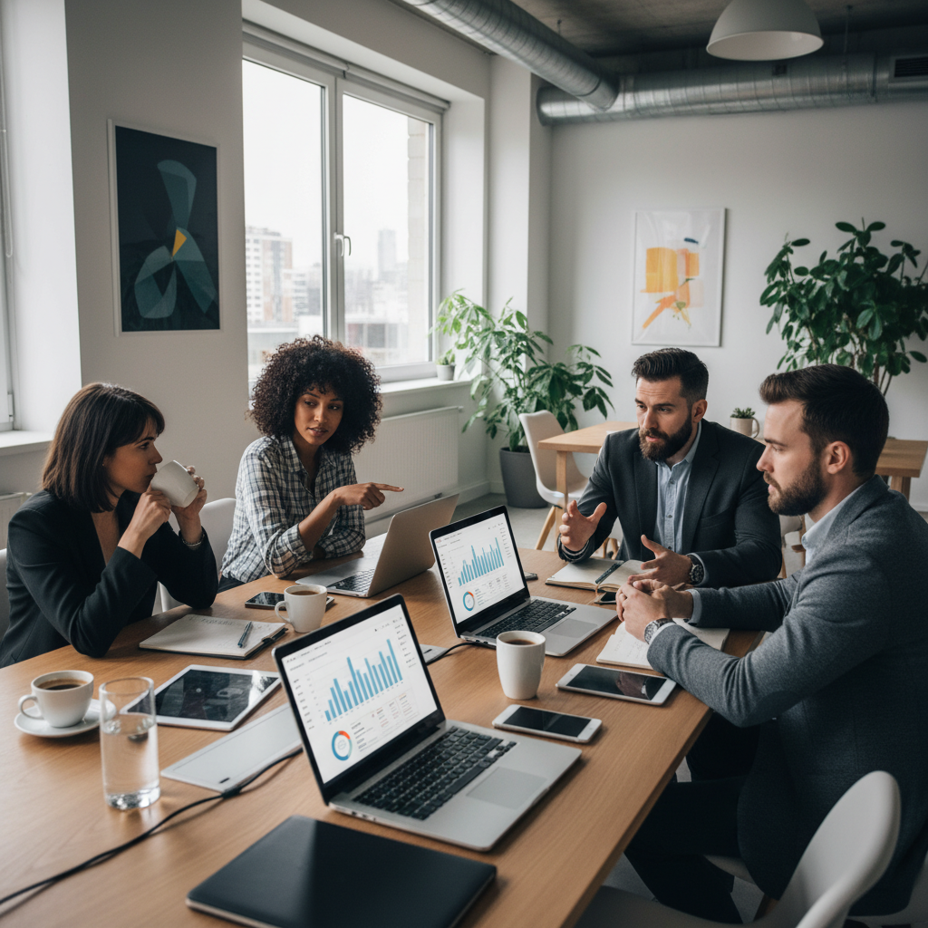 E-komercijos ekspertų komanda planuoja naują marketingo strategiją moderniame biure.