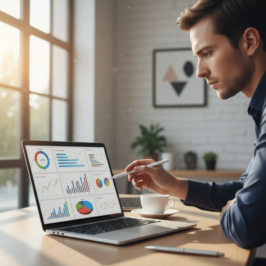 Žmogus analizuoja internetinės parduotuvės pardavimų duomenis nešiojamajame kompiuteryje.