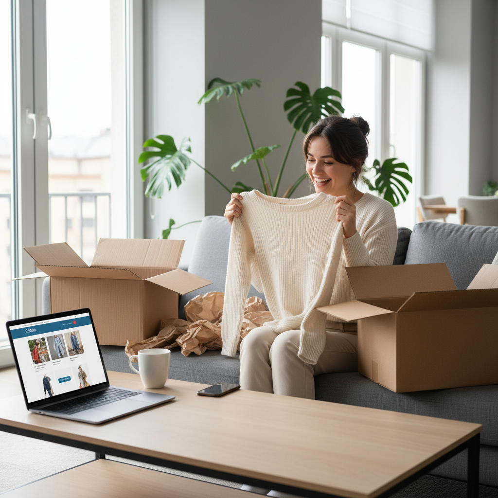 Moteris namuose išpakuoja internetinį užsakymą ir džiaugiasi pirkiniu.