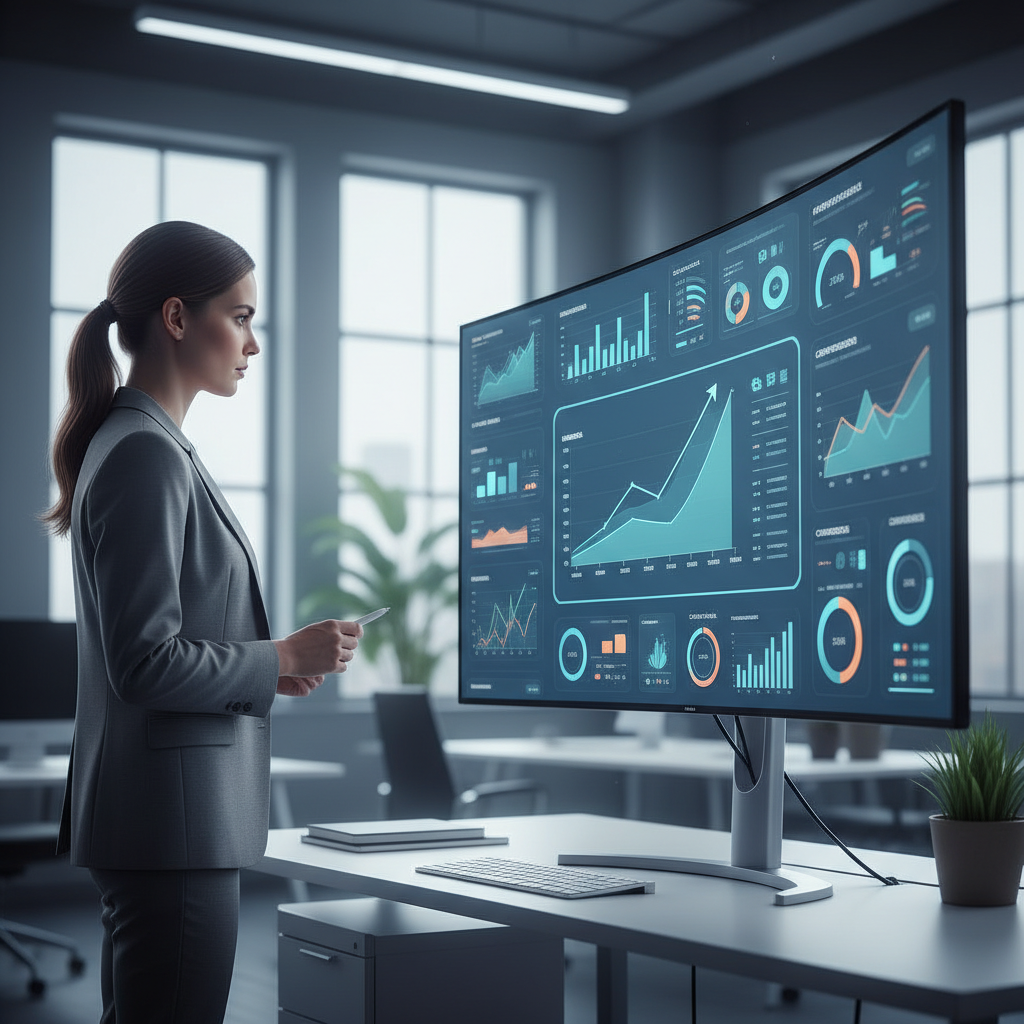 Specialistas stebi elektroninės reklamos kampanijų rezultatus kompiuterio ekrane.