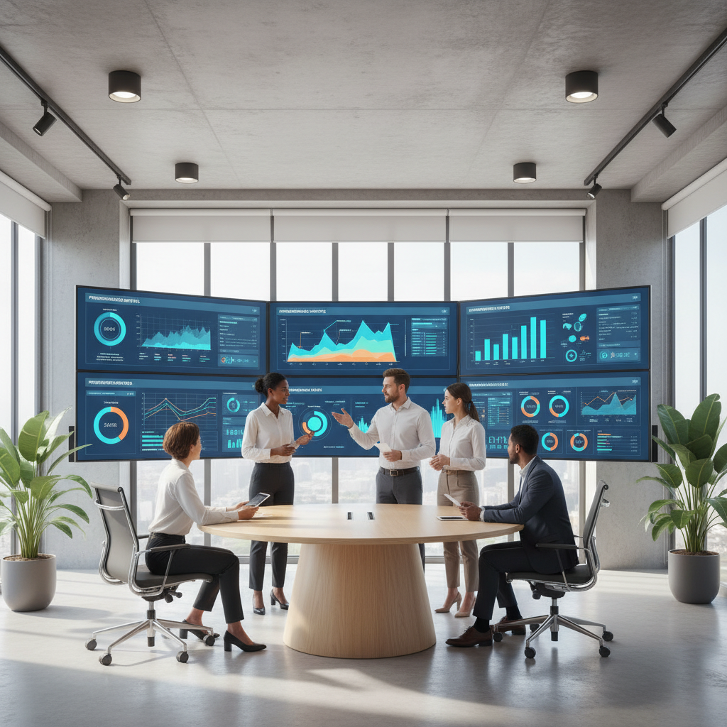 Modernus biuras su reklamos analizės ekranais ir profesionalų komanda