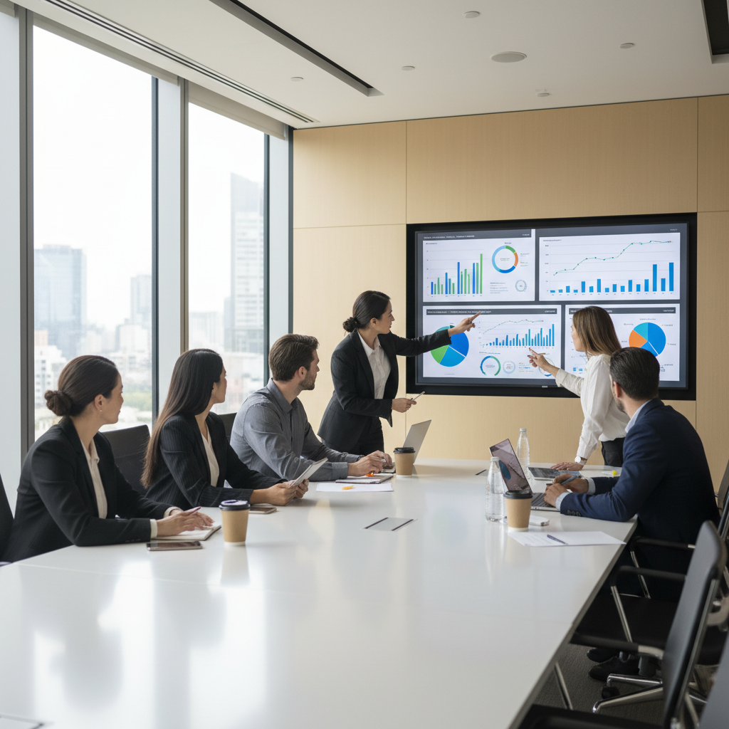 Komanda peržiūri reklamos kampanijų rezultatus konferencijų salėje