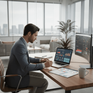AI automatizacijos marketingui darbo vieta su nešiojamuoju kompiuteriu