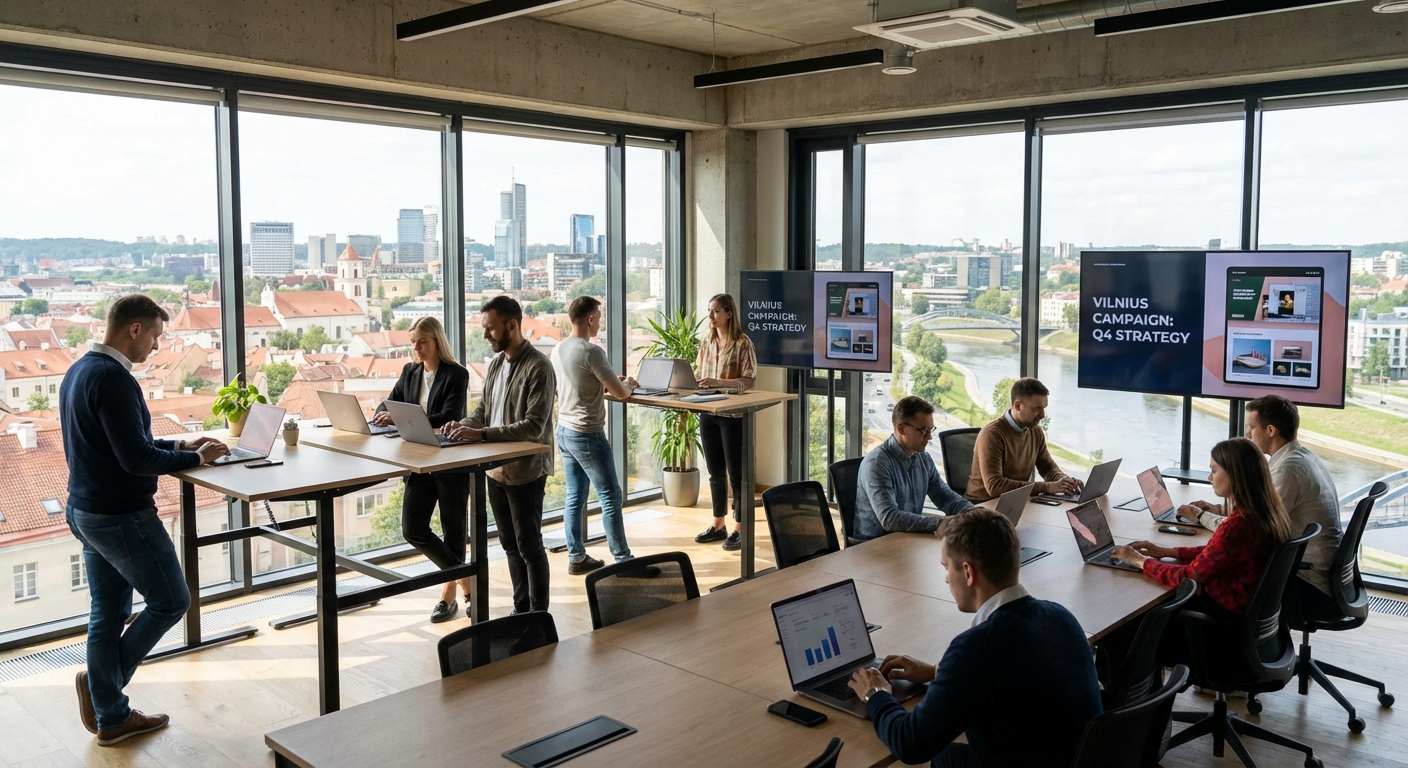 Reklamos specialistai dirba biure prie reklamos kampanijų planavimo Lietuvoje