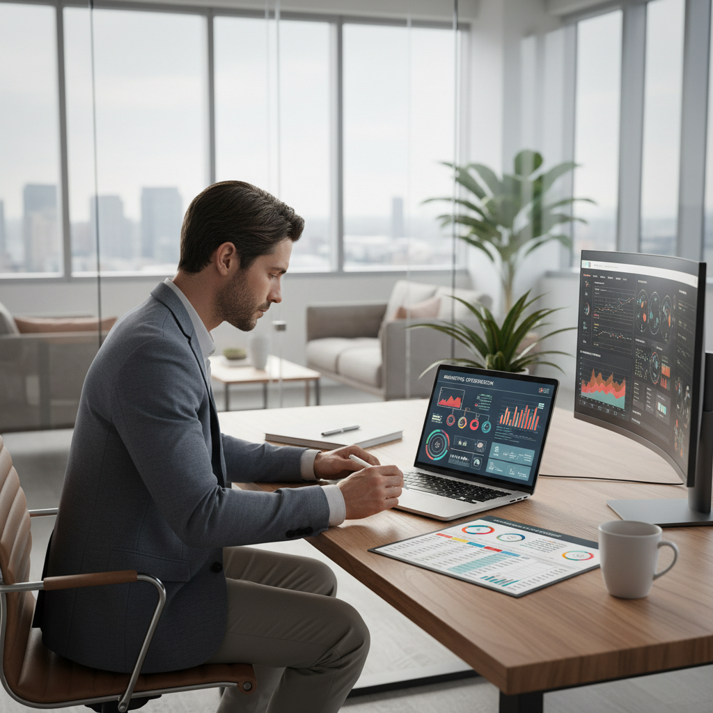 AI automatizacijos marketingui darbo vieta su nešiojamuoju kompiuteriu