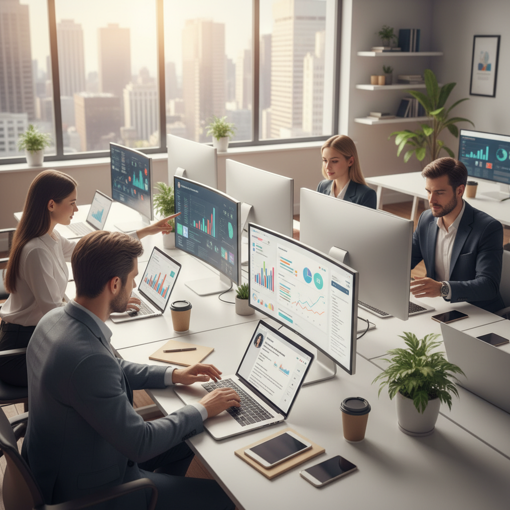 Šiuolaikinis biuras su darbuotojais, analizuojančiais socialinių tinklų reklamos rezultatus