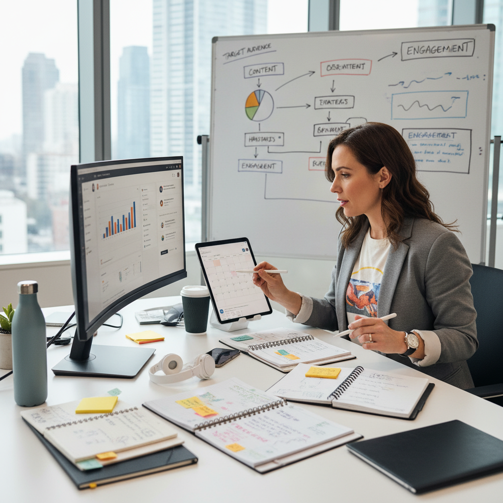 Reklamos vadovas planuoja socialinių tinklų kampaniją prie darbo stalo su įrenginiais