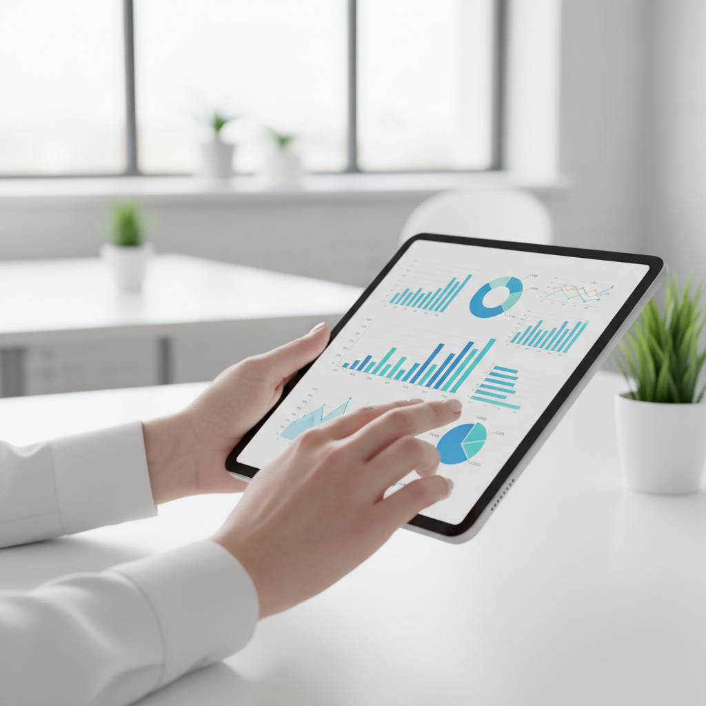 Verslininkė analizuoja socialinių tinklų reklamos duomenis planšetėje