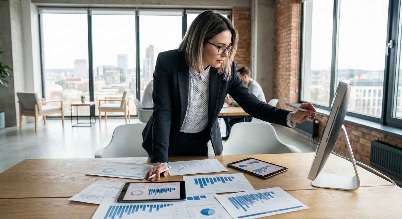 Lietuvių vadybininkas analizuoja reklamos duomenis biure
