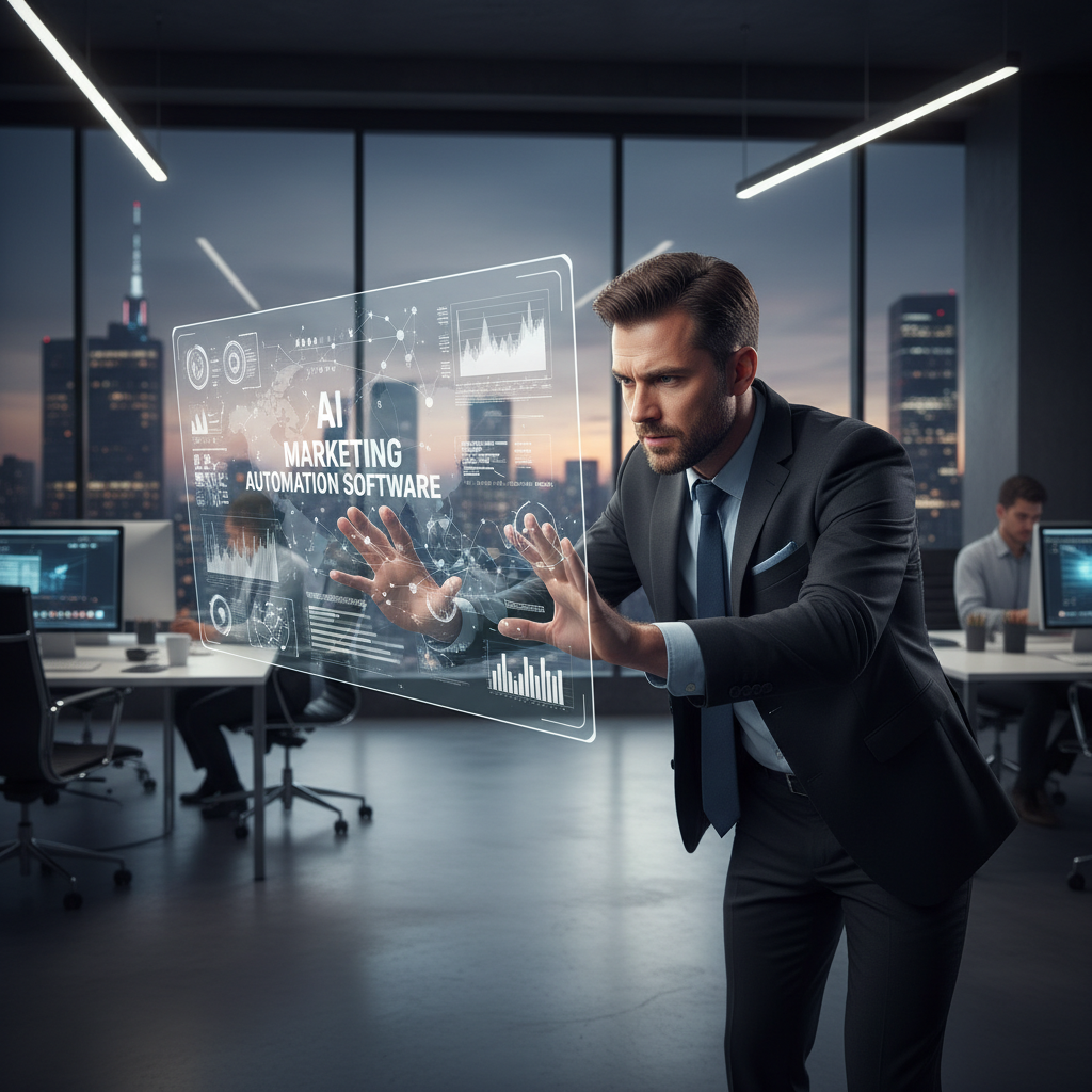 Verslininkas naudoja AI marketingo automatizacijos programą