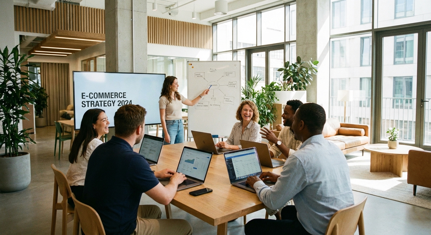 Marketingo agentūros komanda planuoja e-komercijos strategijas biure