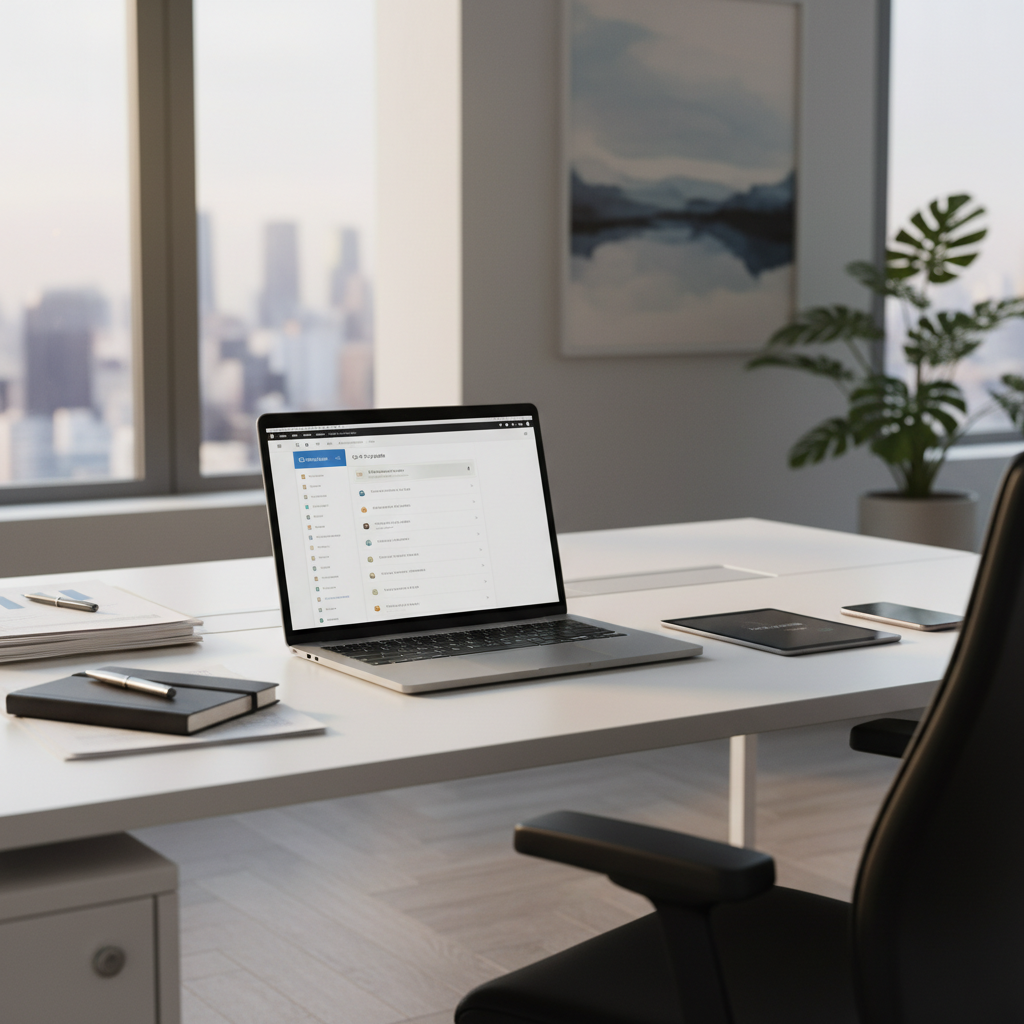 Modernus biuras su el. pašto rinkodaros automatizacijos ekranu