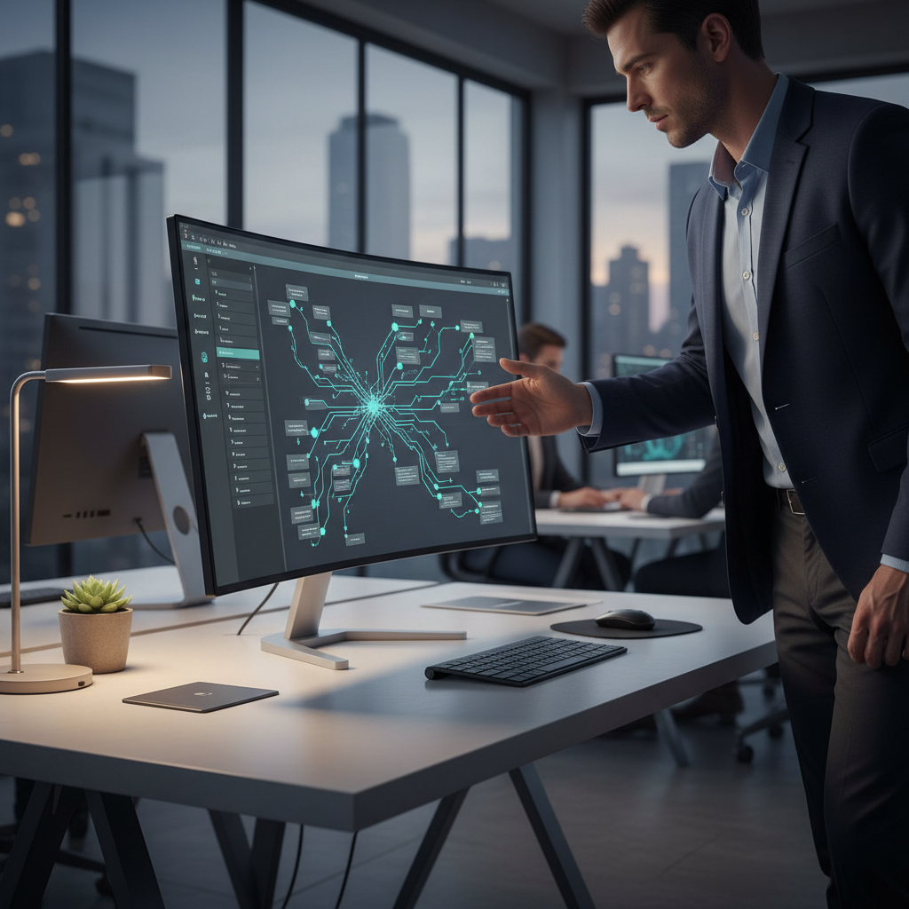 Darbo vieta su kompiuteriu ir automatizavimo grafiku, iliustruojanti n8n procesus