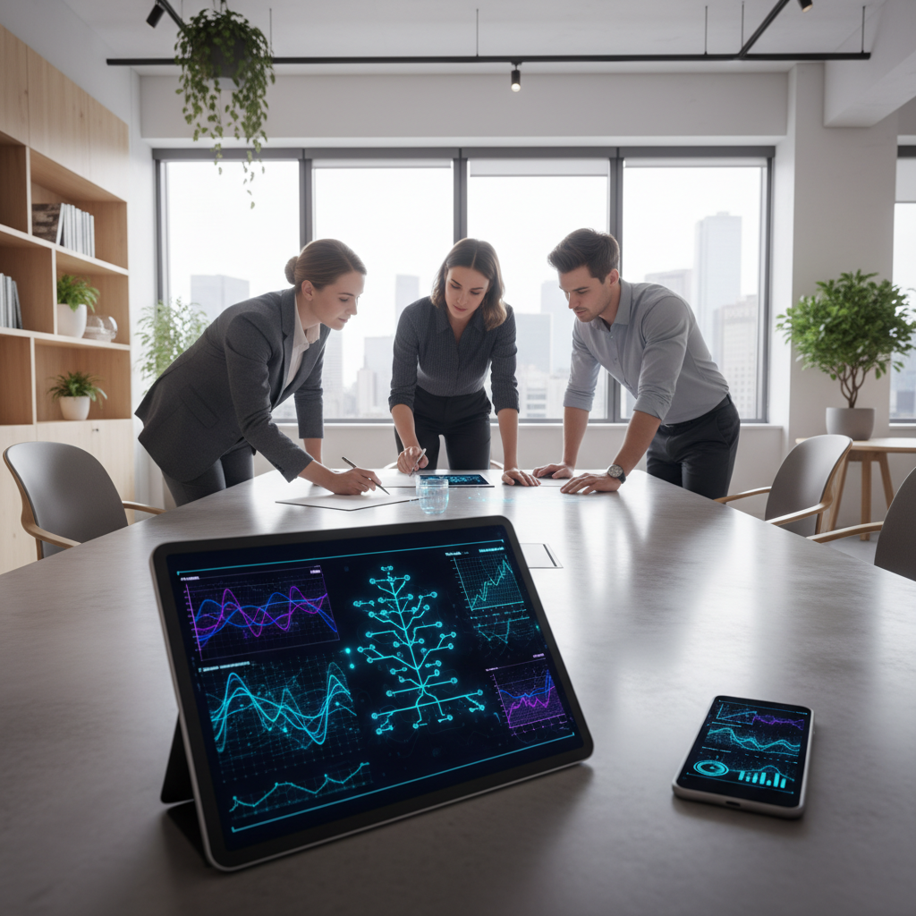 Automatizuoti duomenų srautai marketingo skyriuje su planšetėmis ir išmaniaisiais įrenginiais