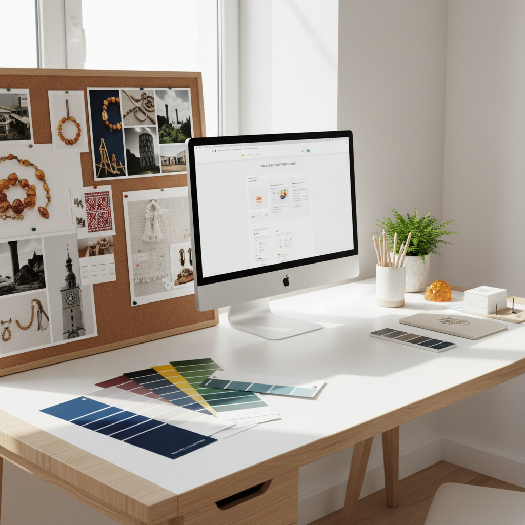 Dizainerio darbo stalas su spalvų paletėmis ir prekės ženklo nuotaikų lentomis