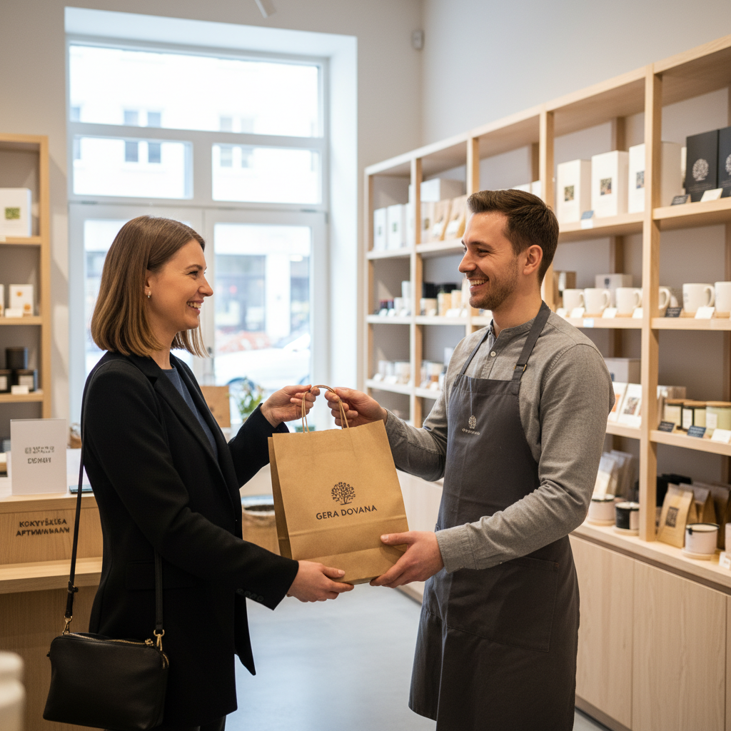 Laimigas klientas lietuviškoje parduotuvėje gauna firminę pakuotę